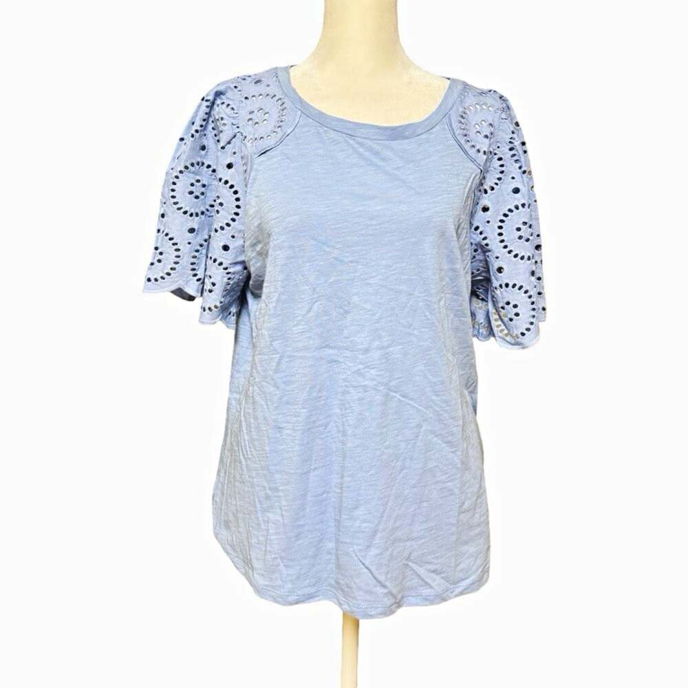 LOFT Blue Cotton Knit T-Shirt Eyelet Flutter Short Sleeve Crew Neck Size M